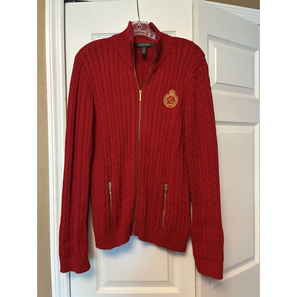 Lauren Ralph Lauren Cable Knit Women’s Sweater Zipper VTG Logo XL 100% Cotton